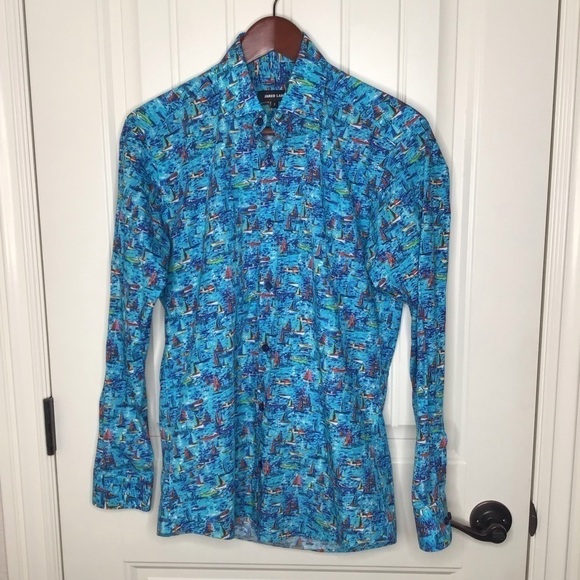 Jared Lang Blue Sail Boat Button Up Shirt. - Picture 2 of 9